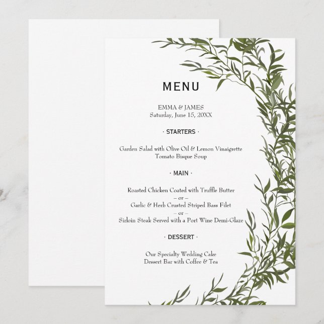 Elegant Greenery Watercolor Wedding Menu Meny (Fram/baksida)