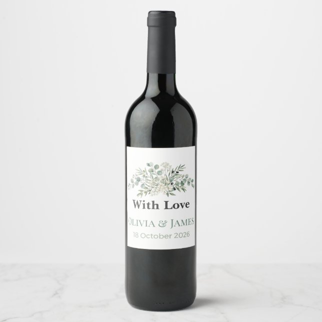 Elegant Greenery Wedding Wine Bottle Labels Vinflaska Etikett (Framsida)
