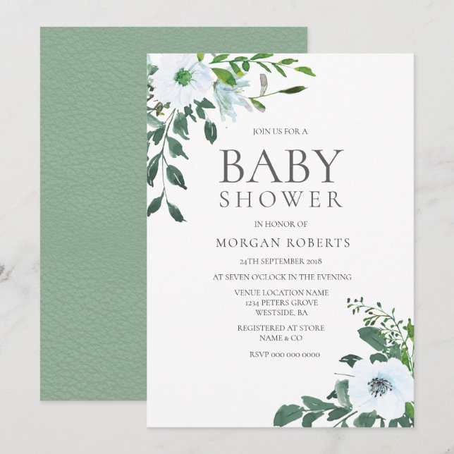 Elegant Greenery White Blommigt Baby Shower Inbjud Inbjudningar (Fram/baksida)