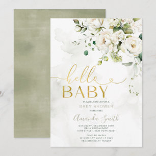 Elegant Greenery White Blommigt Guld Hej Baby Inbjudningar