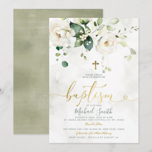 Elegant Greenery White Blommigt Guld Kor Baptism Inbjudningar