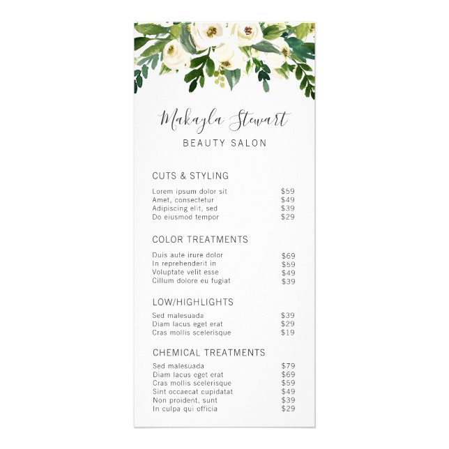 Elegant Greenery White Blommigt Salon Pris List Reklamkort (Framsidan)