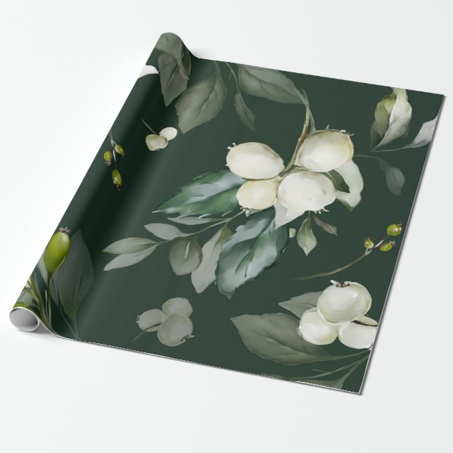 Elegant Greenery White Blommigt Wrapping Papper Presentpapper (Utrullad)