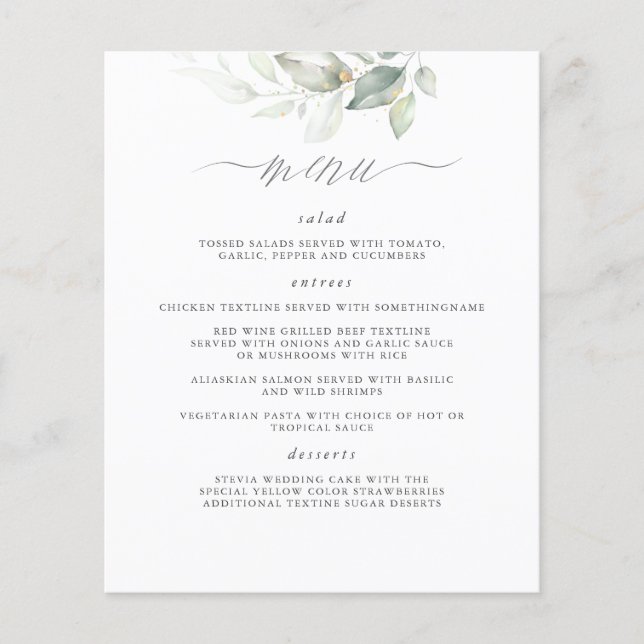 Elegant Greenery White Clean Bröllop Menu Flygblad (Framsidan)