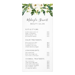 Elegant Greenery White Floral Salon Prislista Reklamkort