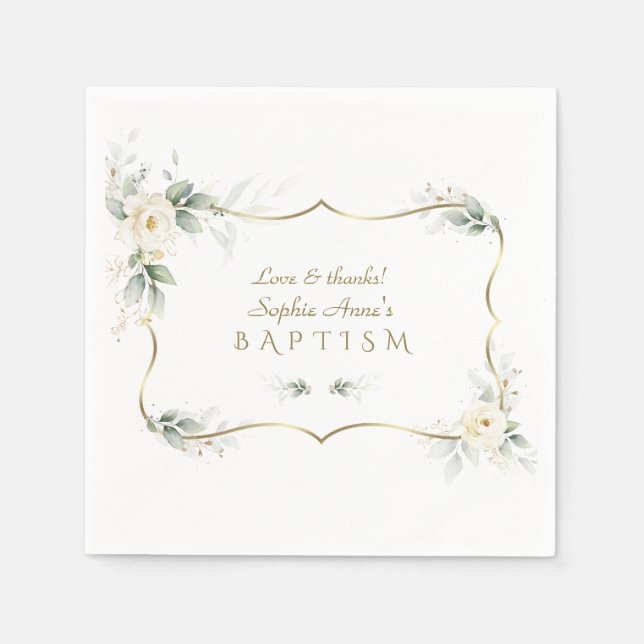 Elegant Greenery White Flowers Guld Kor Baptism Pappersservett (Framsidan)