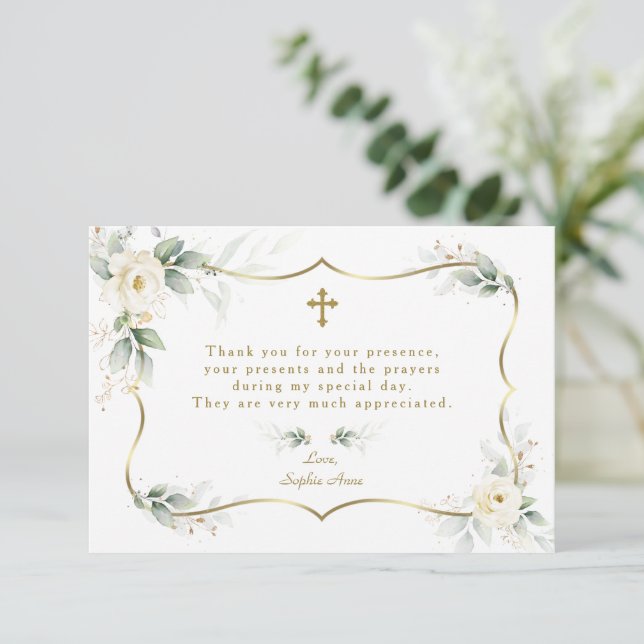 Elegant Greenery White Flowers Guld Kor Baptism Tack Kort (Stående Fram)