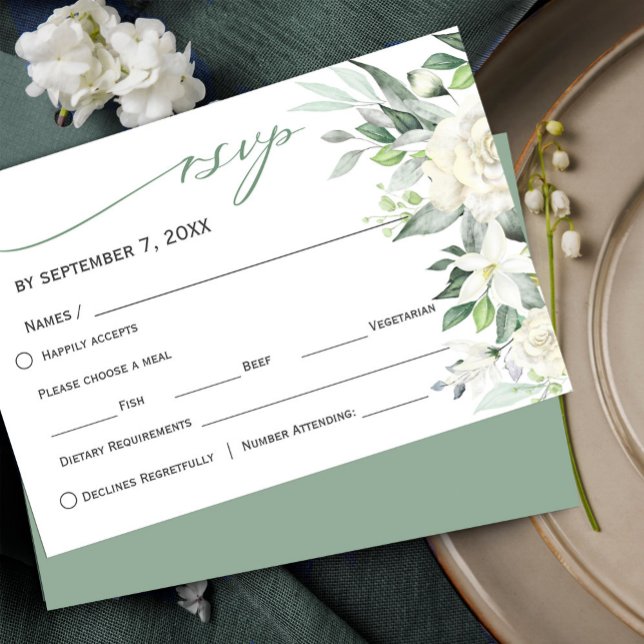 Elegant Greenery White Winter Blommigt OSA Kort (Elegant Greenery White Winter Floral RSVP Card #greenery #rustic #zazzlemade #whiteflowers)