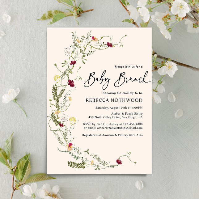 Elegant Greenery Wildblomme Wandech Baby Brunch Inbjudningar (Skapare uppladdad)