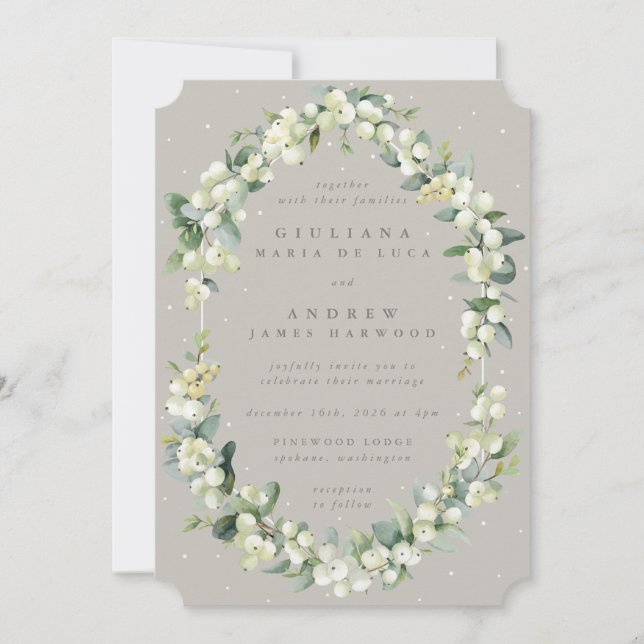 Elegant Greige Snowberry+Eucalyptus Winter Wedding Inbjudningar (Framsida)
