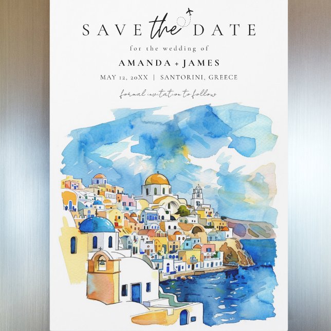 Elegant Grekland Destination Bröllop Spara Datum Magnetisk Inbjudningskort (Save the Date magnet featuring a watercolor illustration of Santorini, Greece, with vibrant blue.)