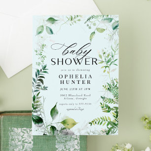 Elegant Grey Blå himmel Leafy Baby Shower Inbjudningar