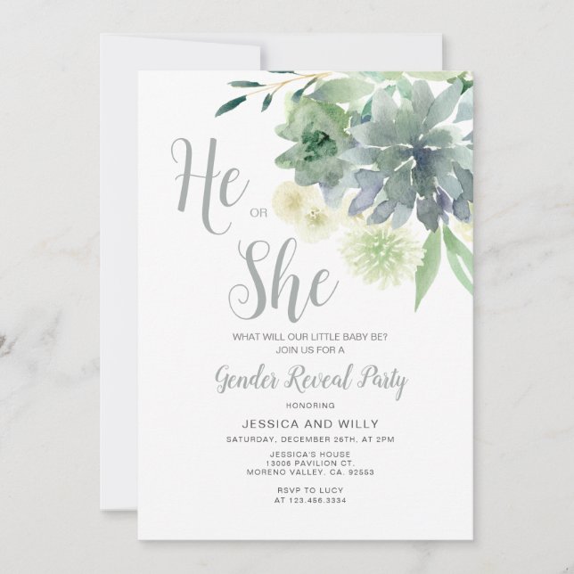 Elegant Grey Blommigt Han eller hon Gender Reveal Inbjudningar (Framsida)