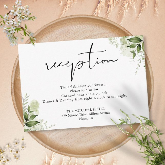 Elegant Grey Blommigt  Skrivbordsintroduktion Tilläggskort (Elegant Greenery Floral Script Wedding Reception Enclosure Card)