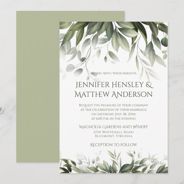 Elegant Grey Botanicals - Light Oliv grönt Inbjudningar (Fram/baksida)