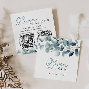Elegant Grey botaniskt skript Namn 2 QR-kod Fyrkantigt Visitkort