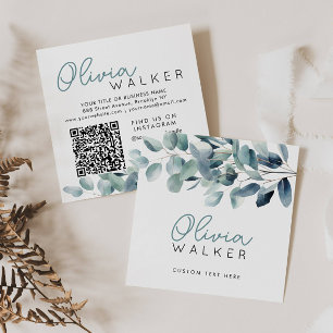 Elegant Grey Botaniskt skript Namn QR-kod Fyrkantigt Visitkort