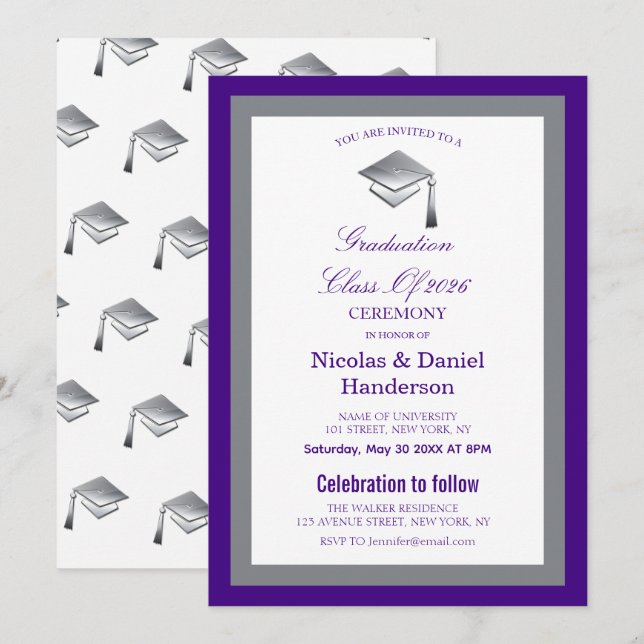 Elegant grey caps graduation ceremony invitation inbjudningar (Fram/baksida)