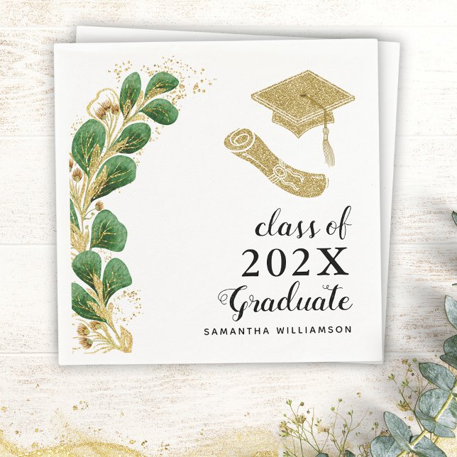 Elegant Grey Class of 2025 Studenten Pappersservett (Custom Elegant Graduation Napkins with Greenery, Grad's Cap and Diploma Illustrations)