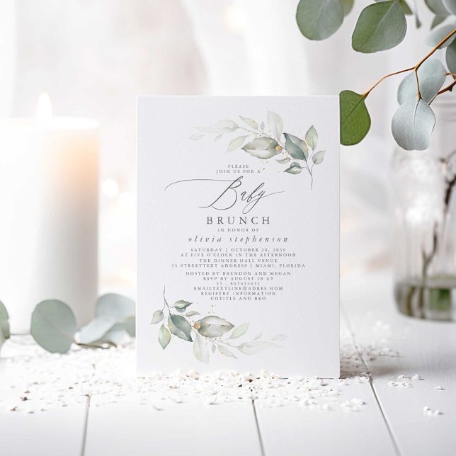 Elegant Grey Cute Baby Brunch Baby Shower Inbjudningar (Baby Brunch Greenery Baby Shower Invitations)