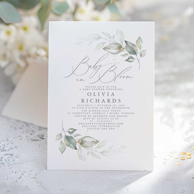 Elegant Grey Cute Baby i Bloom Baby Shower Inbjudningar (Greenery and Gold Baby Shower Invitation)