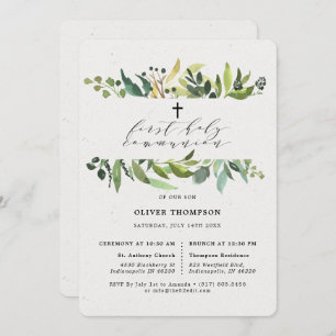 Elegant Grey Eucalyptus First Communion Inbjudningar
