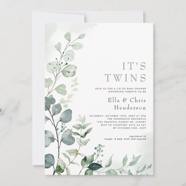 Elegant Grey Garden Twillingars Coed Baby Shower Inbjudningar (Framsida)