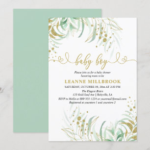 Elegant Grey Grönt och Guld Boy Baby Shower Inbjudningar
