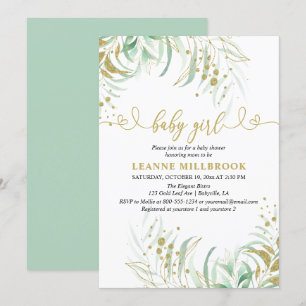 Elegant Grey Grönt och Guld Girl Baby Shower Inbjudningar
