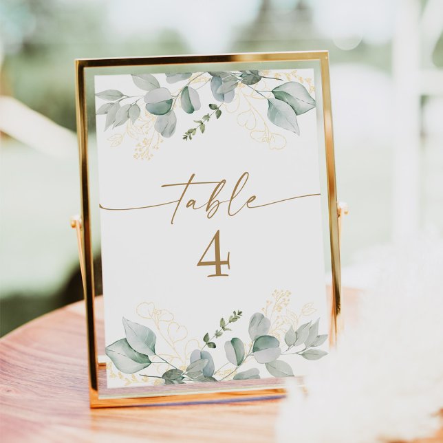 Elegant Grey & Guld Bröllop Bordsnummer-kort Inbjudningar (Elegant watercolor greenery and gold wedding table number cards)