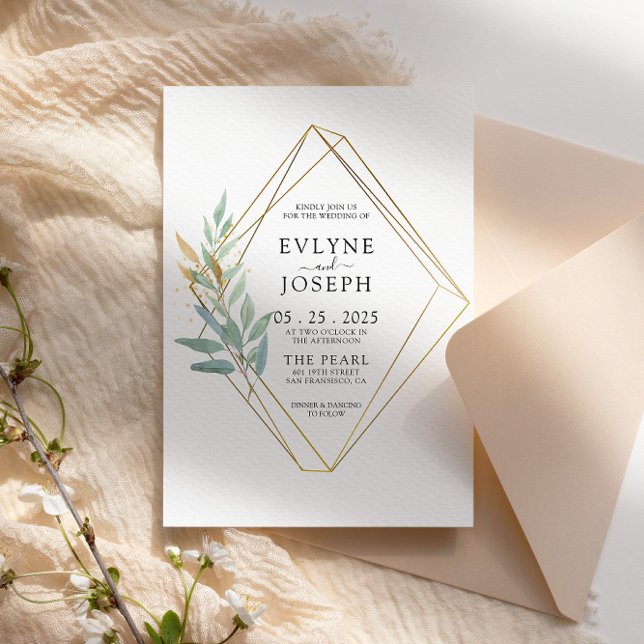 Elegant Grey Guld Eucalyptus Löv Chic Bröllop Inbjudningar (Skapare uppladdad)