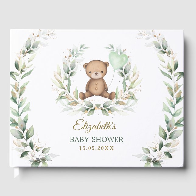 Elegant Grey Guld Nalle Baby Shower Gästböcker (Framsida)