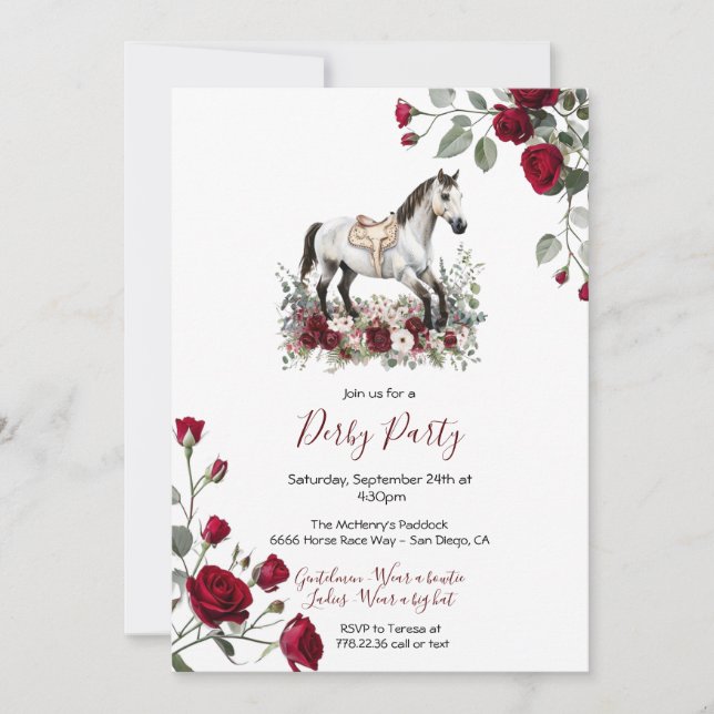 Elegant Grey Horse Kentucky Derby Party Invitation Inbjudningar (Framsida)