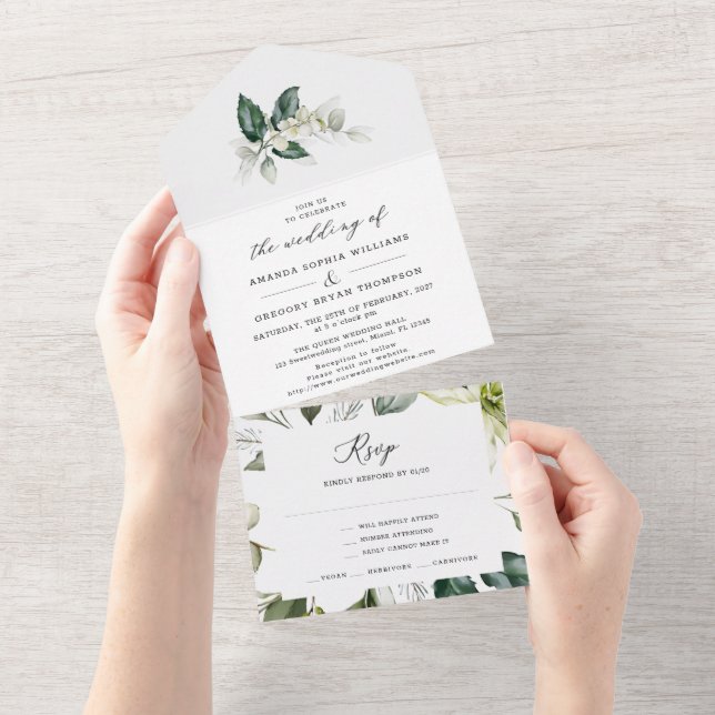Elegant Grey Leafy Watercolor Bröllop all in (Avrivbar del)