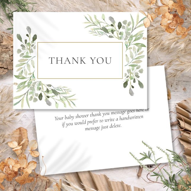 Elegant Grey Löv Baby Shower - tack för ditt kort (Elegant Greenery Leaves Baby Shower Thank You Card)