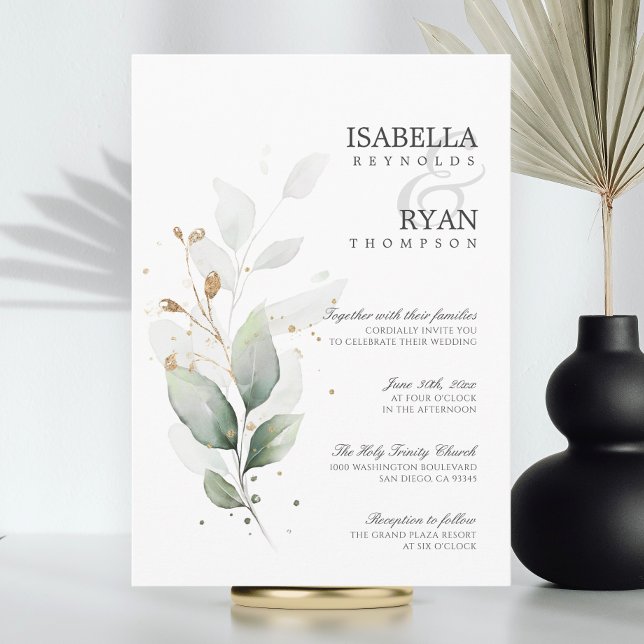 ELEGANT Grey Löv Guld bröllopsinbjudan Inbjudningar (ELEGANT Greenery Leaves Gold Wedding Invitation | Budget Digital)