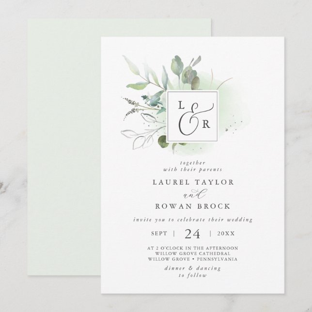 Elegant Grey Monogram bröllopsinbjudan Inbjudningar (Fram/baksida)