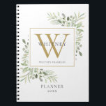Elegant Grey Monogram Namn Planner 2021 Anteckningsbok<br><div class="desc">Elegant vattenfärgsgreenery monogram namn 2021-planerare med en guld-monogramstart. Designad av Thisisnotme©</div>