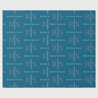 Elegant Grey Monogram & White Name, Blue Presentpapper