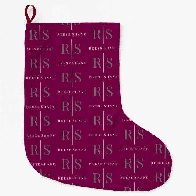 Elegant Grey Monogram & White Name, Maroon Stor Julstrumpa (Framsidan)