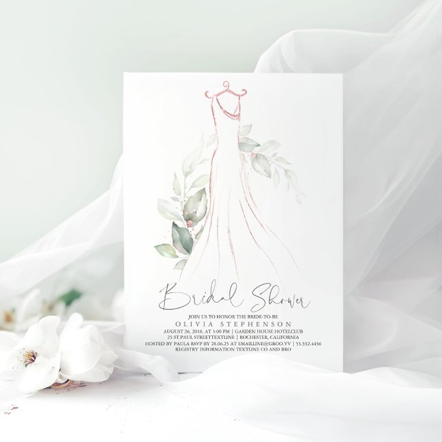 Elegant Grey och Bröllop Dress Möhippa I Inbjudningar (Rose Gold Dress and Greenery Bridal Shower Invitations)