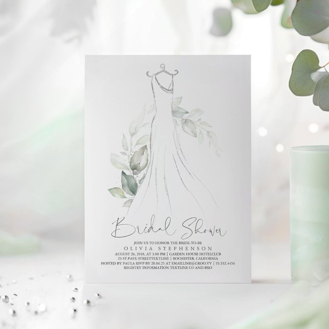 Elegant Grey och Bröllop Dress Möhippa Inbjudningar (Silver Greenery Dress Bridal Shower Invitations)
