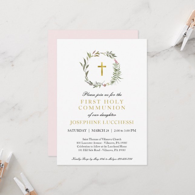 Elegant Grey och Gold Foil Baptism Communion I Inbjudningar (Fram/Back In Situ)