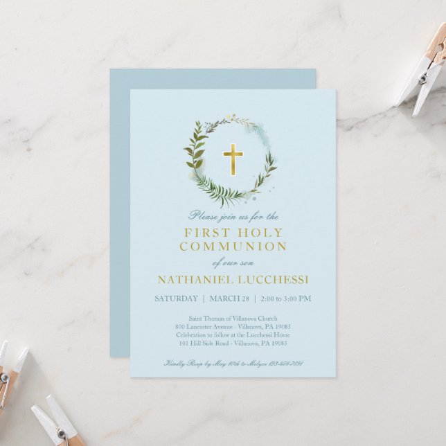 Elegant Grey och Gold Foil Baptism Communion Inbjudningar (Fram/Back In Situ)