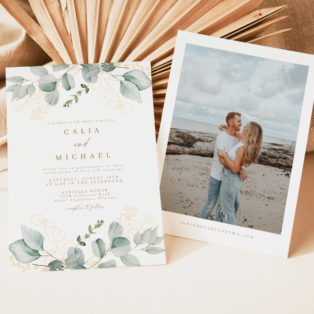 Elegant Grey och Guld Photo Bröllop Inbjudningar (Elegant watercolor greenery wedding invitation with photo backside)