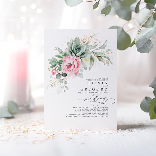 Elegant Grey och Rosa Flowers Bröllop Inbjudningar (Pink Floral Succulents Greenery Wedding Invitations)