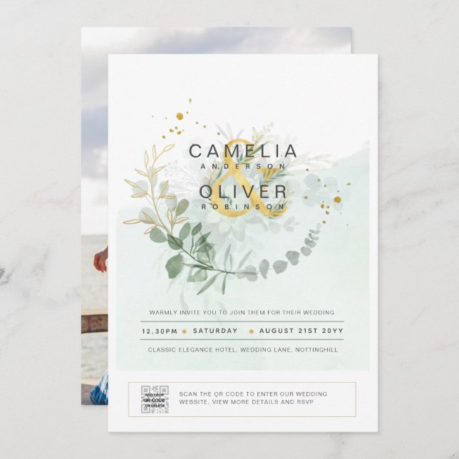 Elegant Grey PHOTO-bröllopsinbjudan QR CODE Inbjudningar (Fram/baksida)