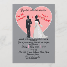Elegant Grey Pink Heart Bride Groom Invitation Inbjudningar