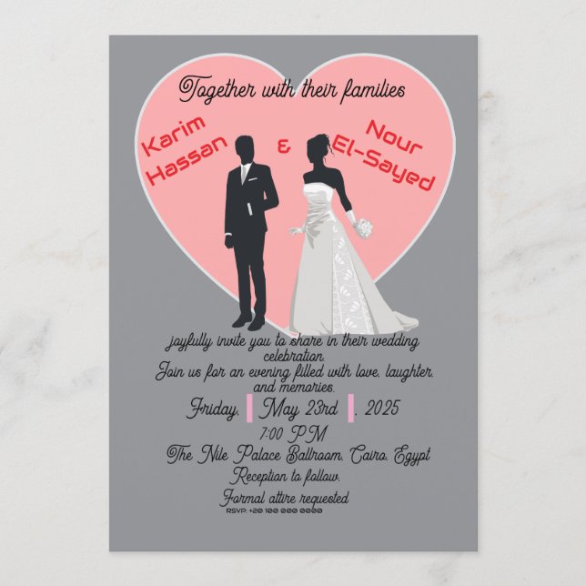 Elegant Grey Pink Heart Bride Groom Invitation Inbjudningar (Framsida)