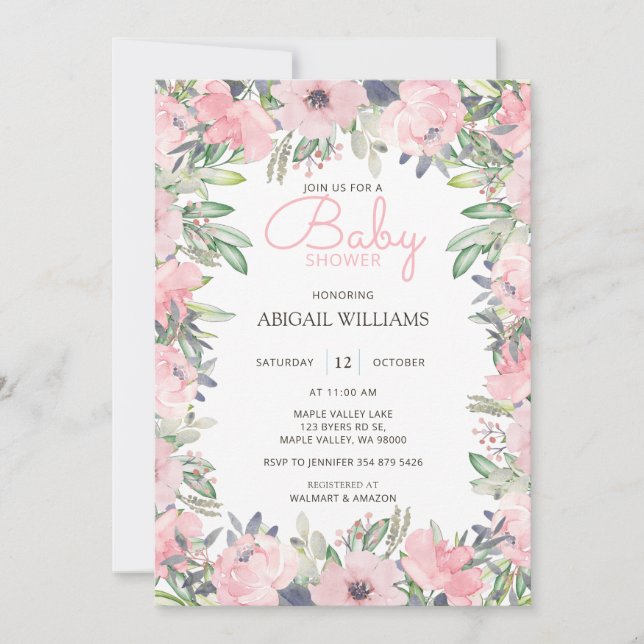 Elegant Grey Rosa Blommigt Baby Shower Inbjudningar (Framsida)